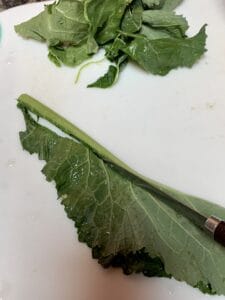 removing turnip leaves from stem with knife